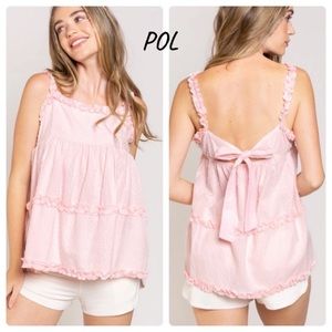 POL Pink Ruffle Tank Top With Textured Dots And Back Bow Tie